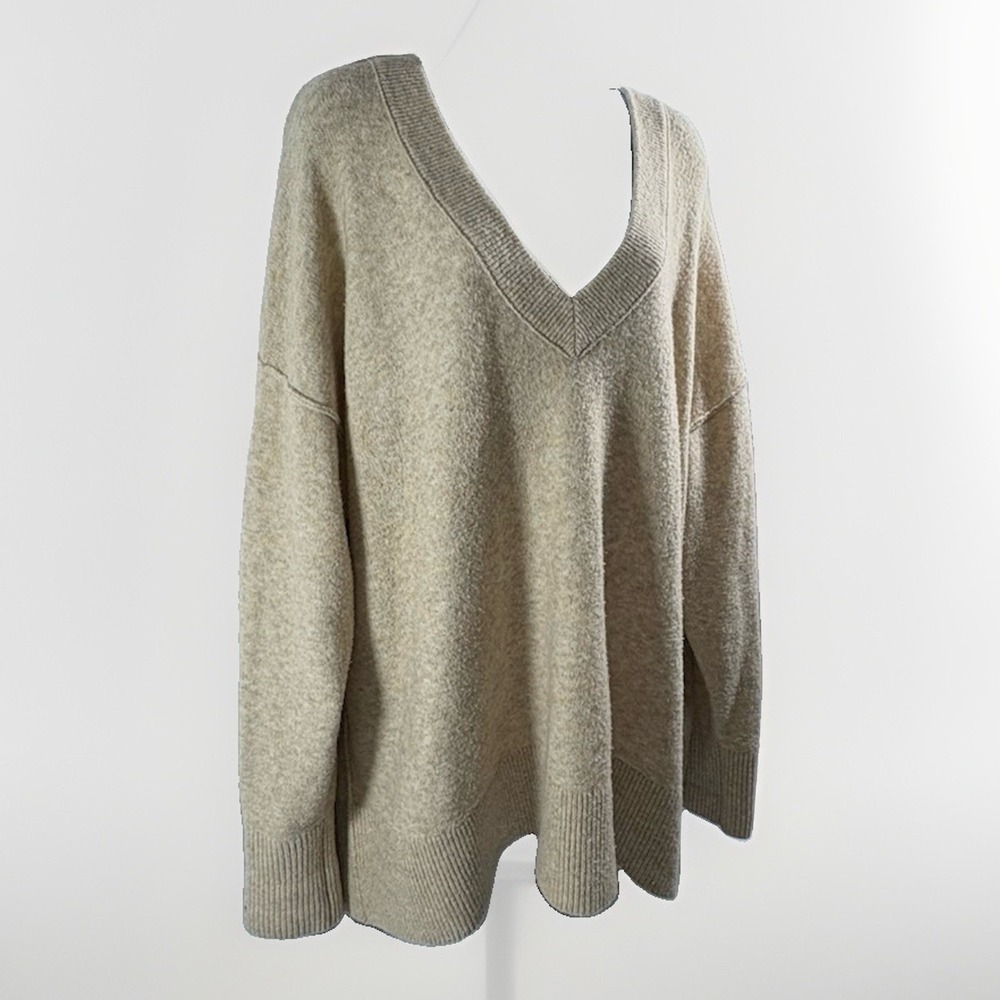 Aerie unREAL Oversized V-Neck Sweater Toasted Coconut Heather Chunky Knit Sz L
